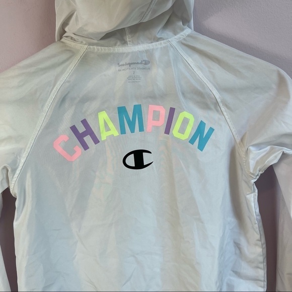 CHAMPION Girls White Hooded Logo Windbreaker Rain Jacket Pastel Logo Small - Picture 11 of 14